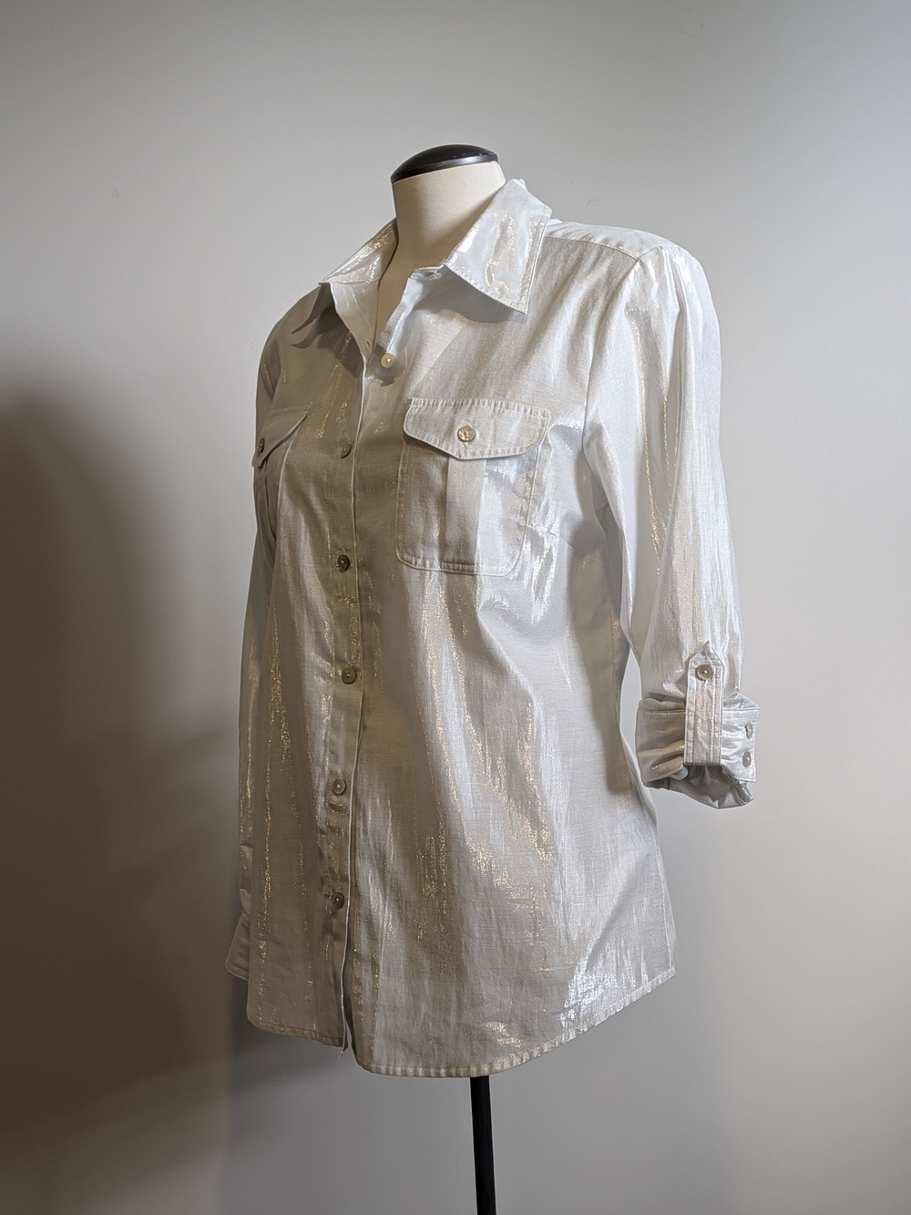 Ruby Rd. Metallic White Button Up Button Down Shirt  Blouse Cotton Light Weight